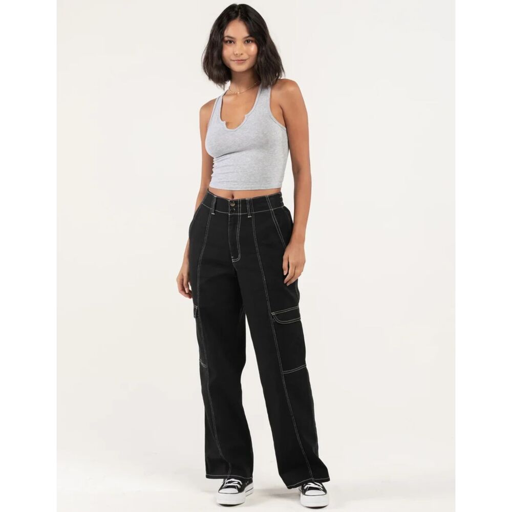 New NWT RSQ Black Women's Smock Waist Loose Cargo Stitched pants XL